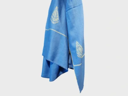 Pure Pashmina shawl in blue with hand embroidery vine and floral motifs by PashmCraft