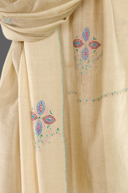 Pure Pashmina Stole in natural white with all-over hand embroidery floral motifs by PashmCraft