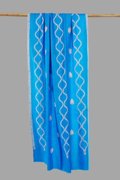 Pure Pashmina in Blue with all-over vine hand embroidery motifs by PashmCraft