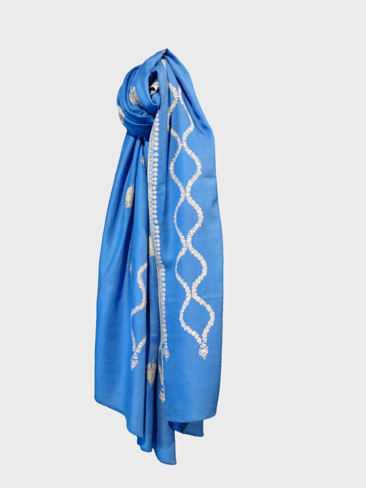 Pure Pashmina shawl in blue with hand embroidery vine and floral motifs by PashmCraft