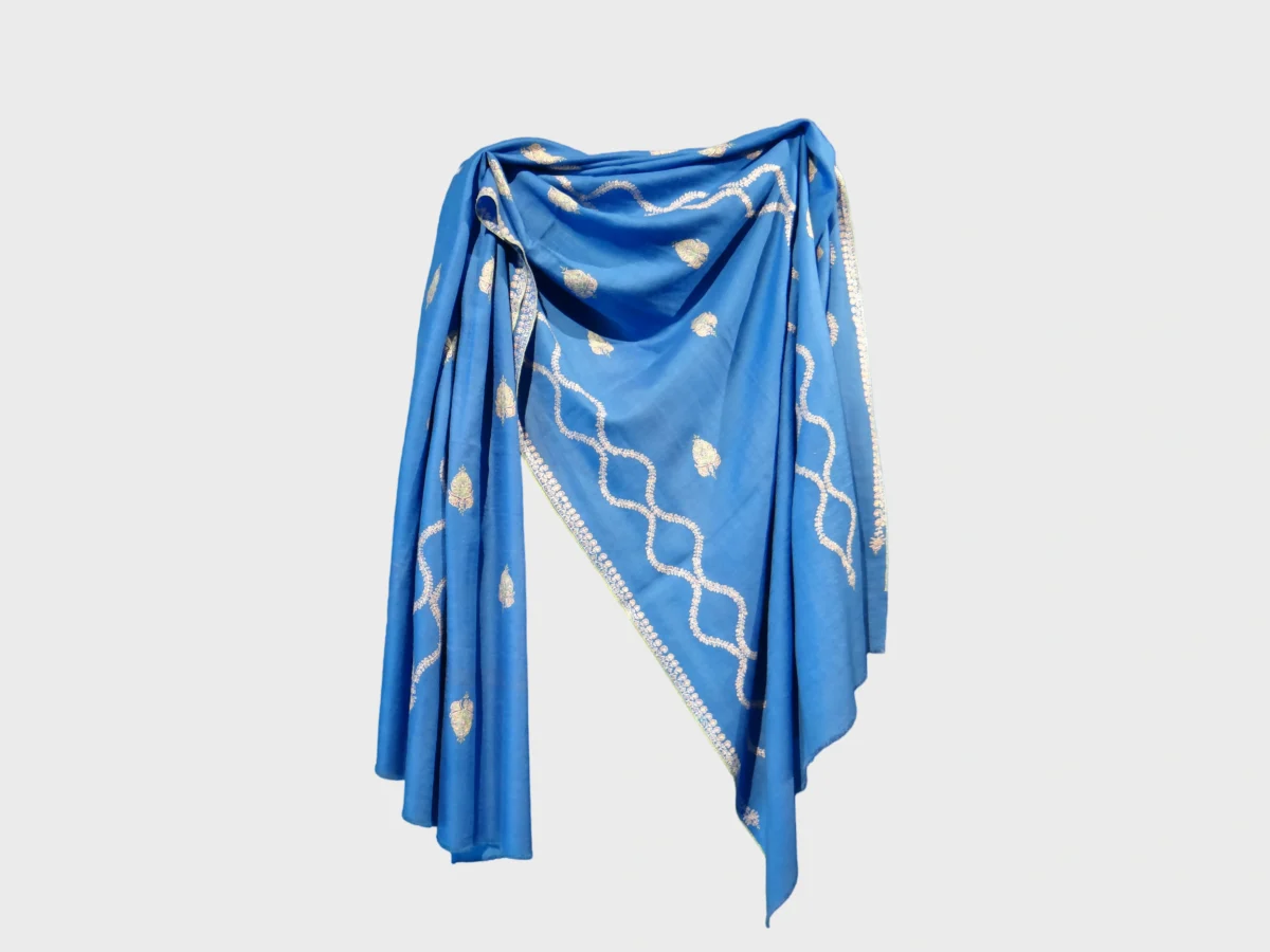 Pure Pashmina shawl in blue with hand embroidery vine and floral motifs by PashmCraft