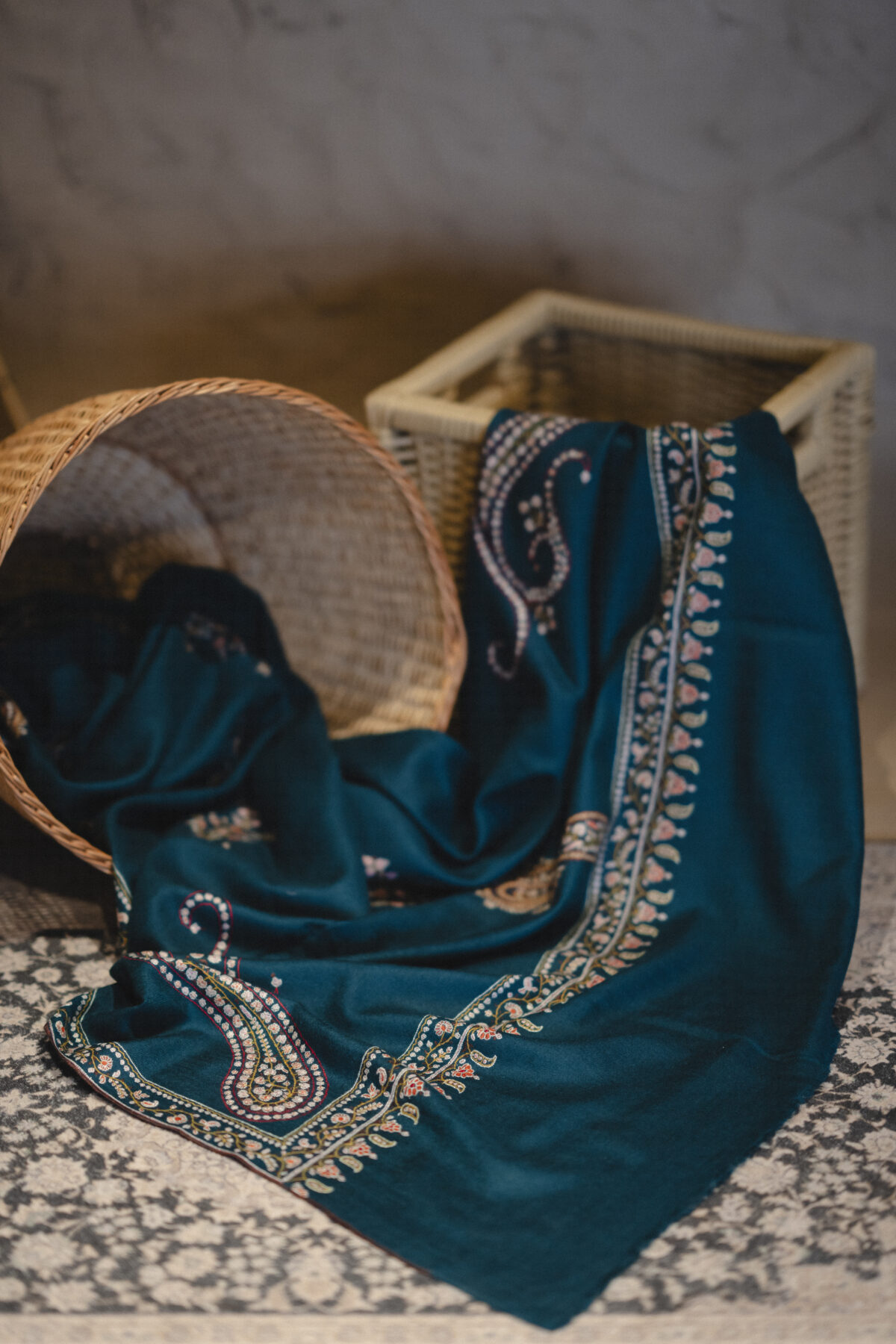 Bottle Green Pashmina Shawl with Traditional Paisley Motifs. Hand Embroidery. Kashmiri Shawl with unique design