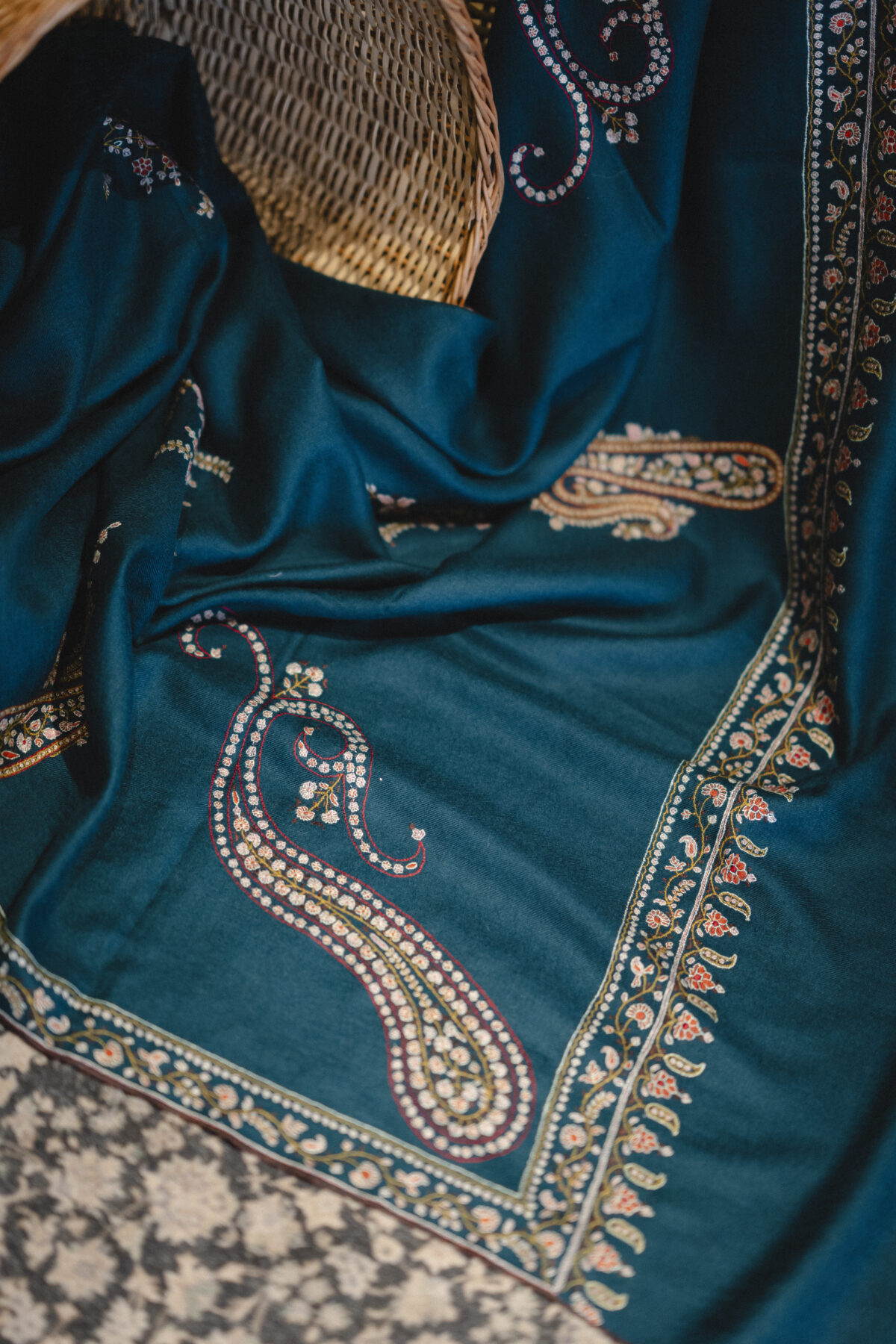 Bottle Green Pashmina Shawl with Traditional Paisley Motifs. Hand Embroidery. Kashmiri Shawl with unique design