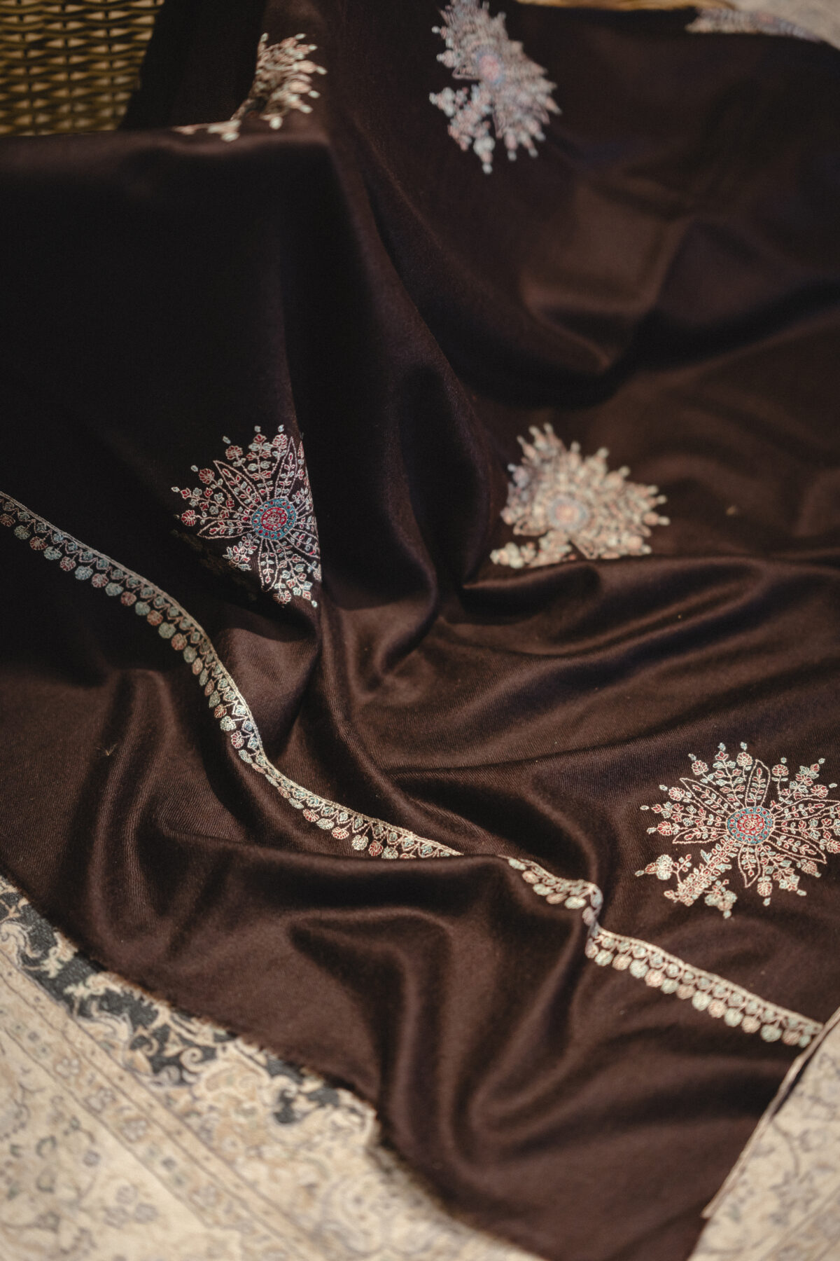 Chocolate Pashmina Shawl with all-over designer motifs. Chocolate Kashmiri Shawl in pashmina with hand embroidery