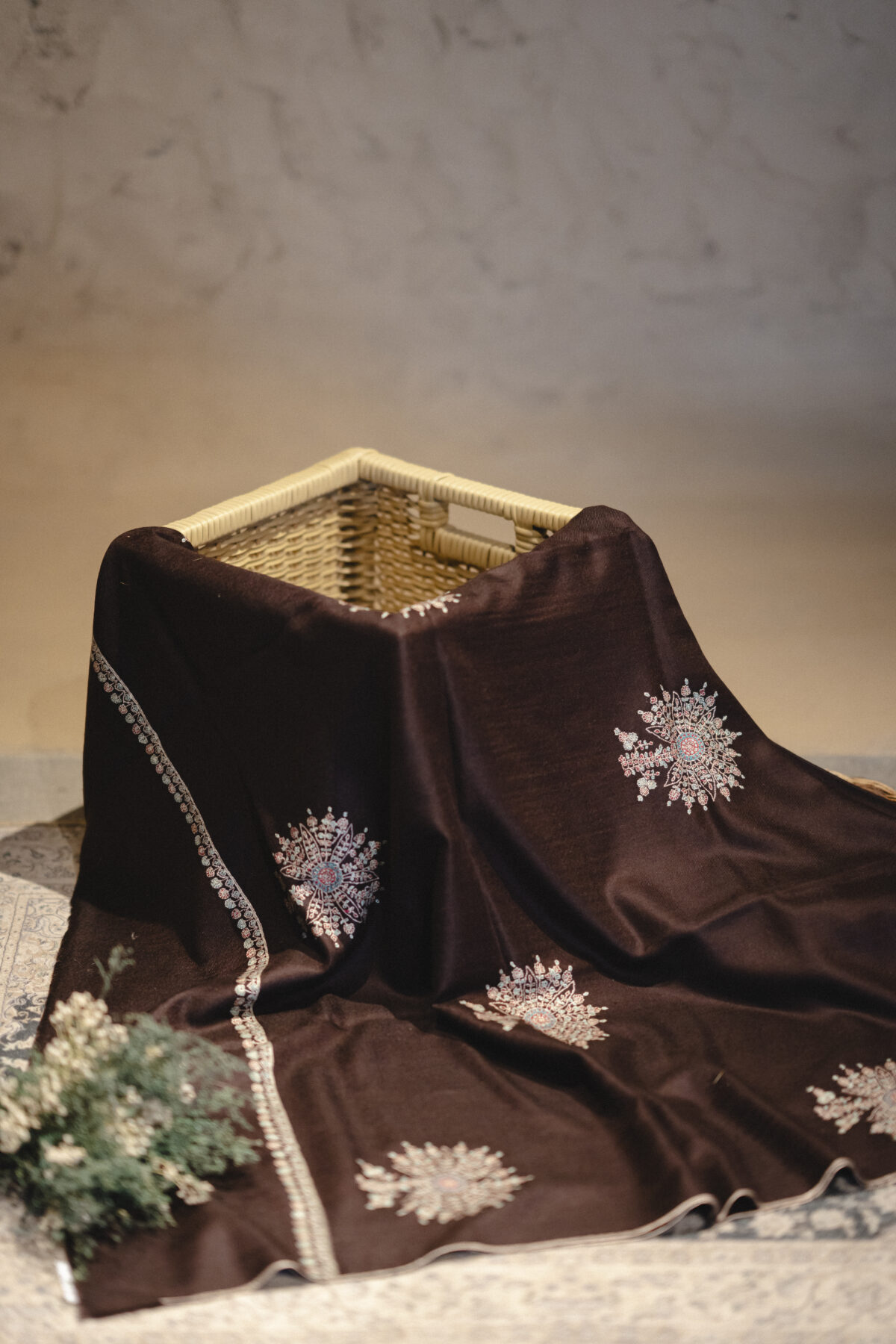 Chocolate Pashmina Shawl with all-over designer motifs. Chocolate Kashmiri Shawl in pashmina with hand embroidery