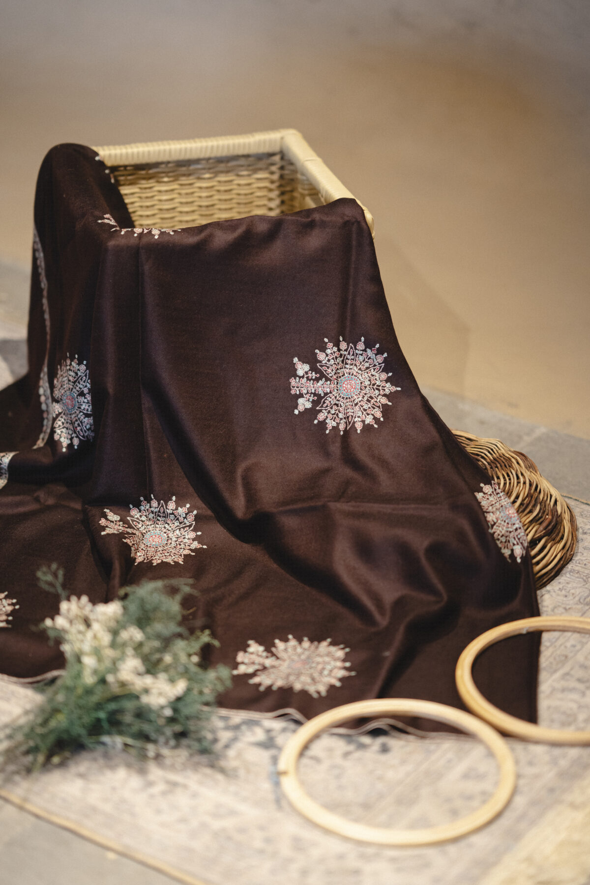 Chocolate Pashmina Shawl with all-over designer motifs. Chocolate Kashmiri Shawl in pashmina with hand embroidery