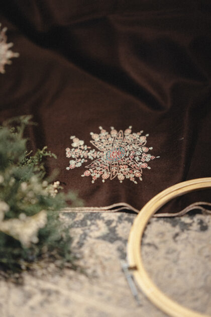 Chocolate Pashmina Shawl with all-over designer motifs. Chocolate Kashmiri Shawl in pashmina with hand embroidery