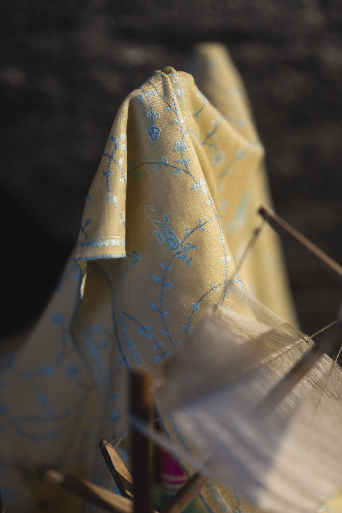 Lemon yellow Pure Pashmina Scarf with all-over sozni hand embroidery