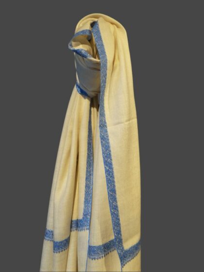 Pashmina Shawl in White with Blue Hand Embroidery on Border