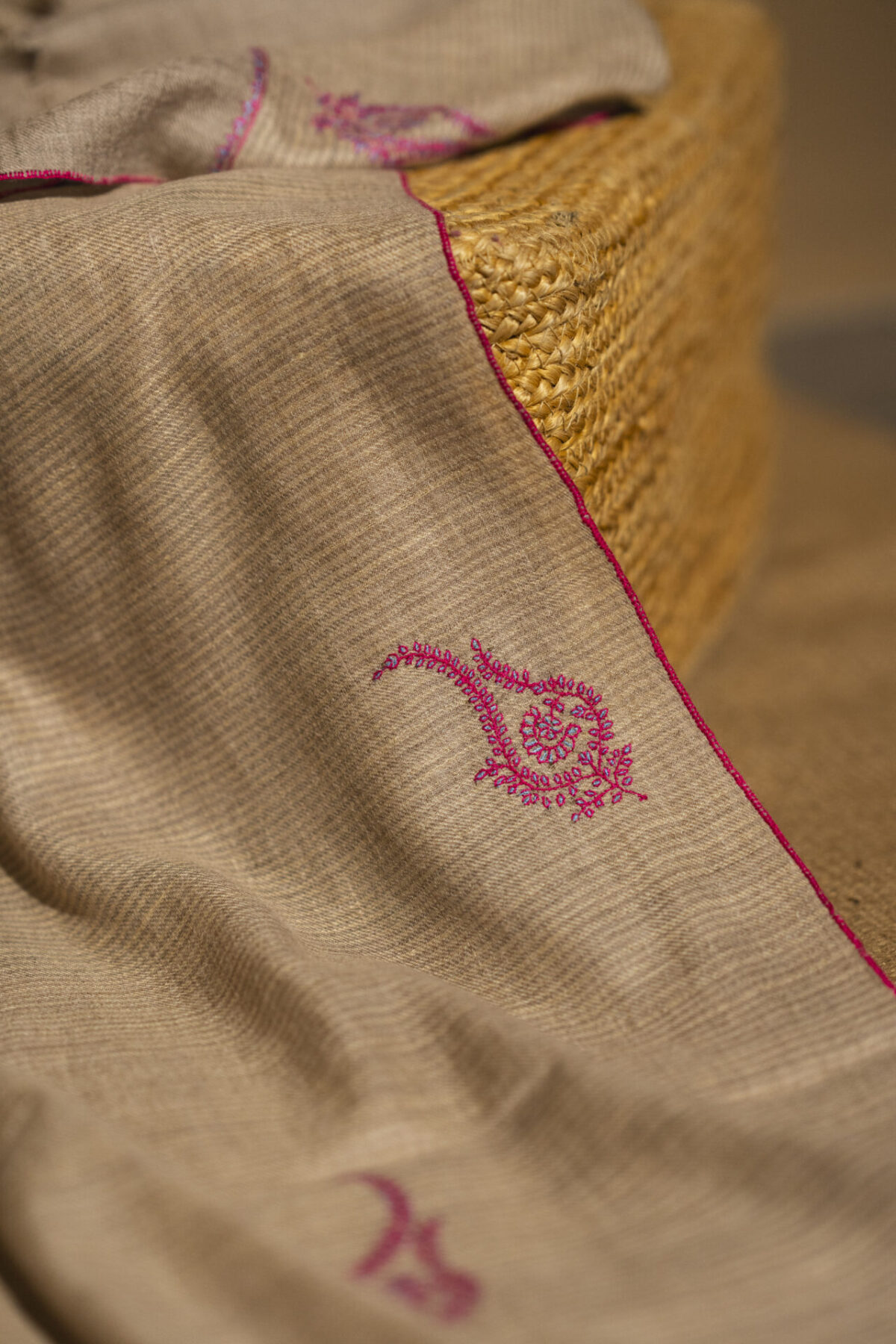 Pashmina wrap in natural with all-over hand embroidery motifs