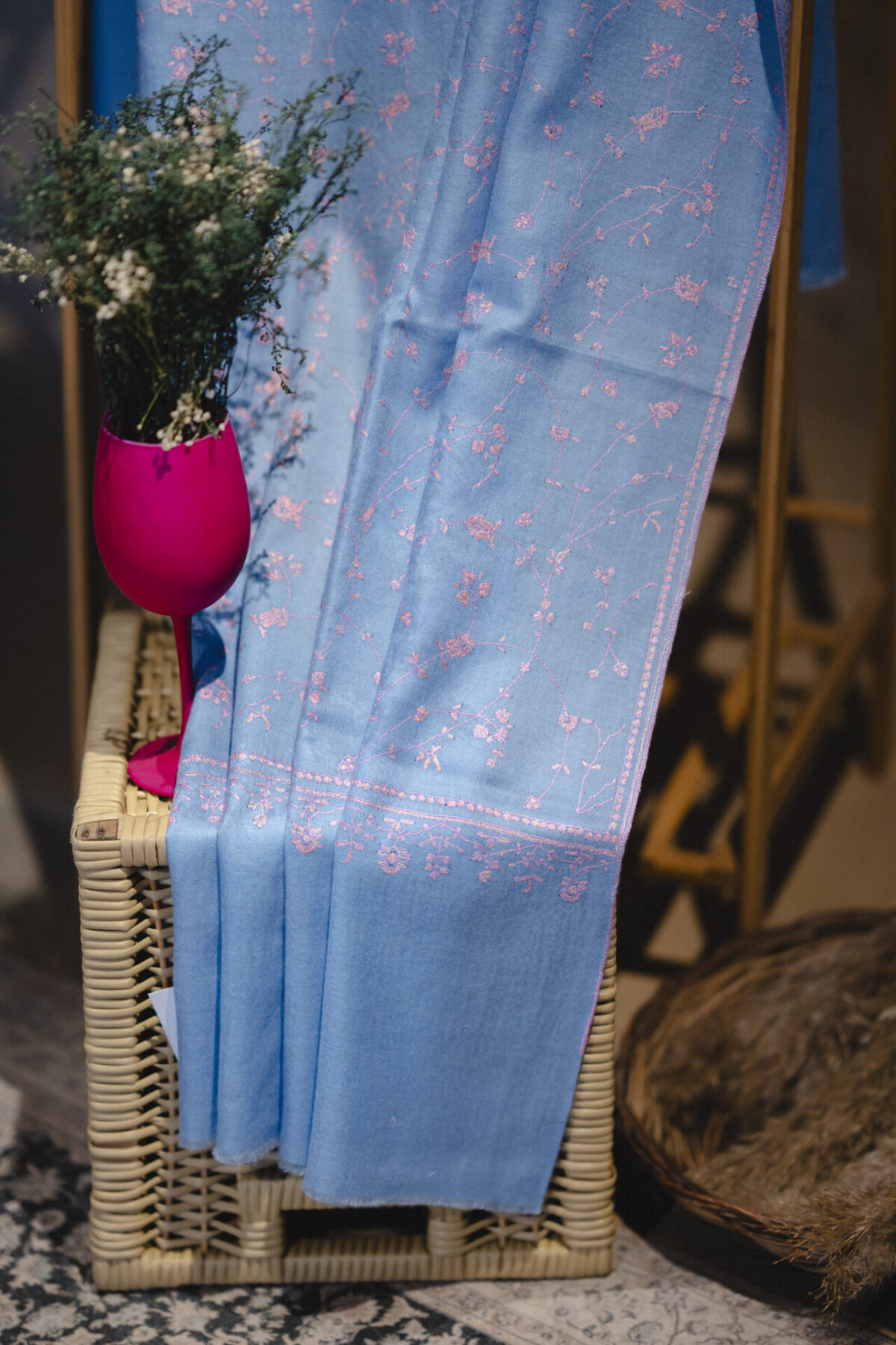 Powder Blue Pure Pashmina Stole with all-over sozni hand embroidery