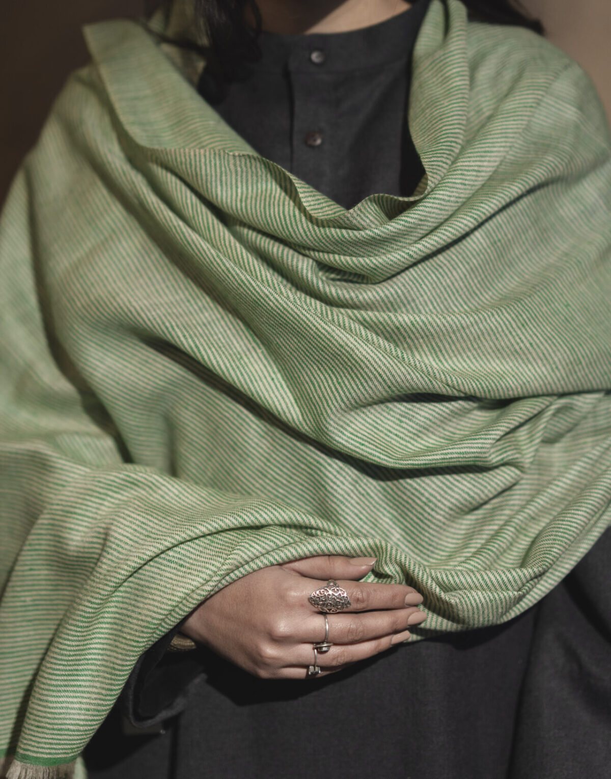 Pure Pashmina Shawl in Green Stripes