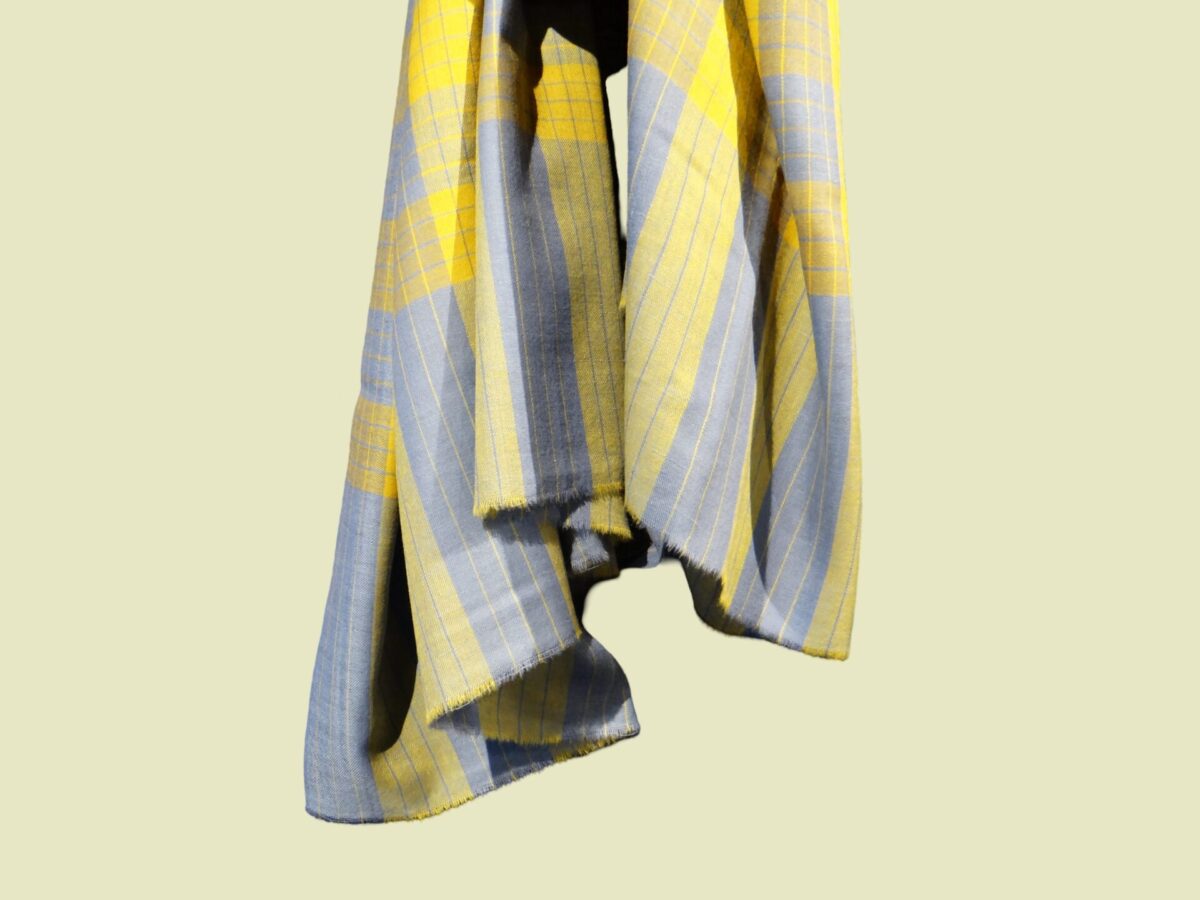 Pure Pashmina Shawl in yellow and grey checks by PashmCraft