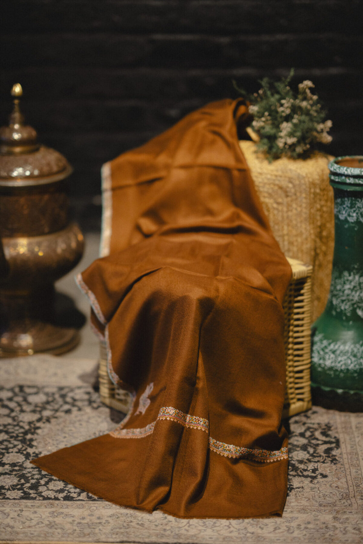 Kashmiri Shawl with border Embroidery in stunning brown hue