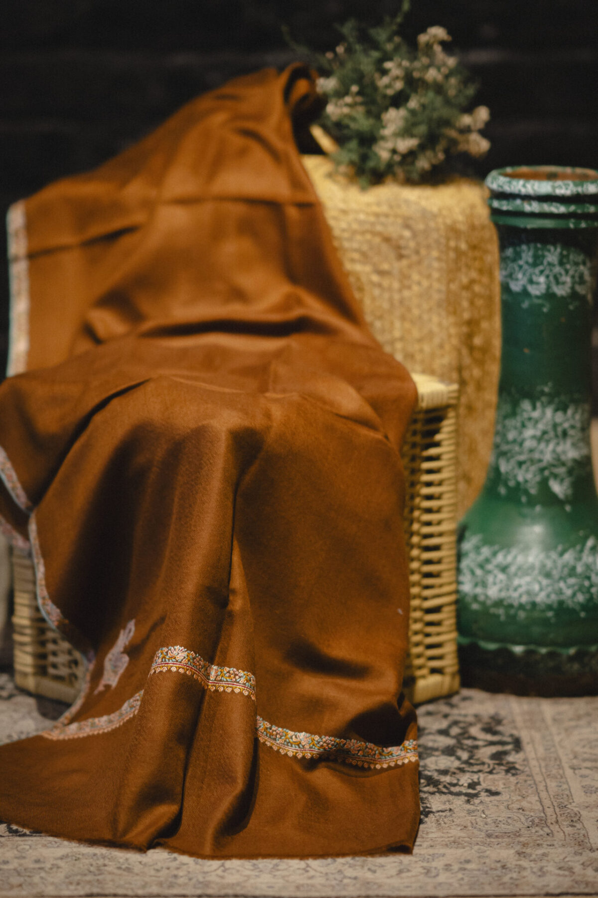 Kashmiri Shawl with border Embroidery in stunning brown hue