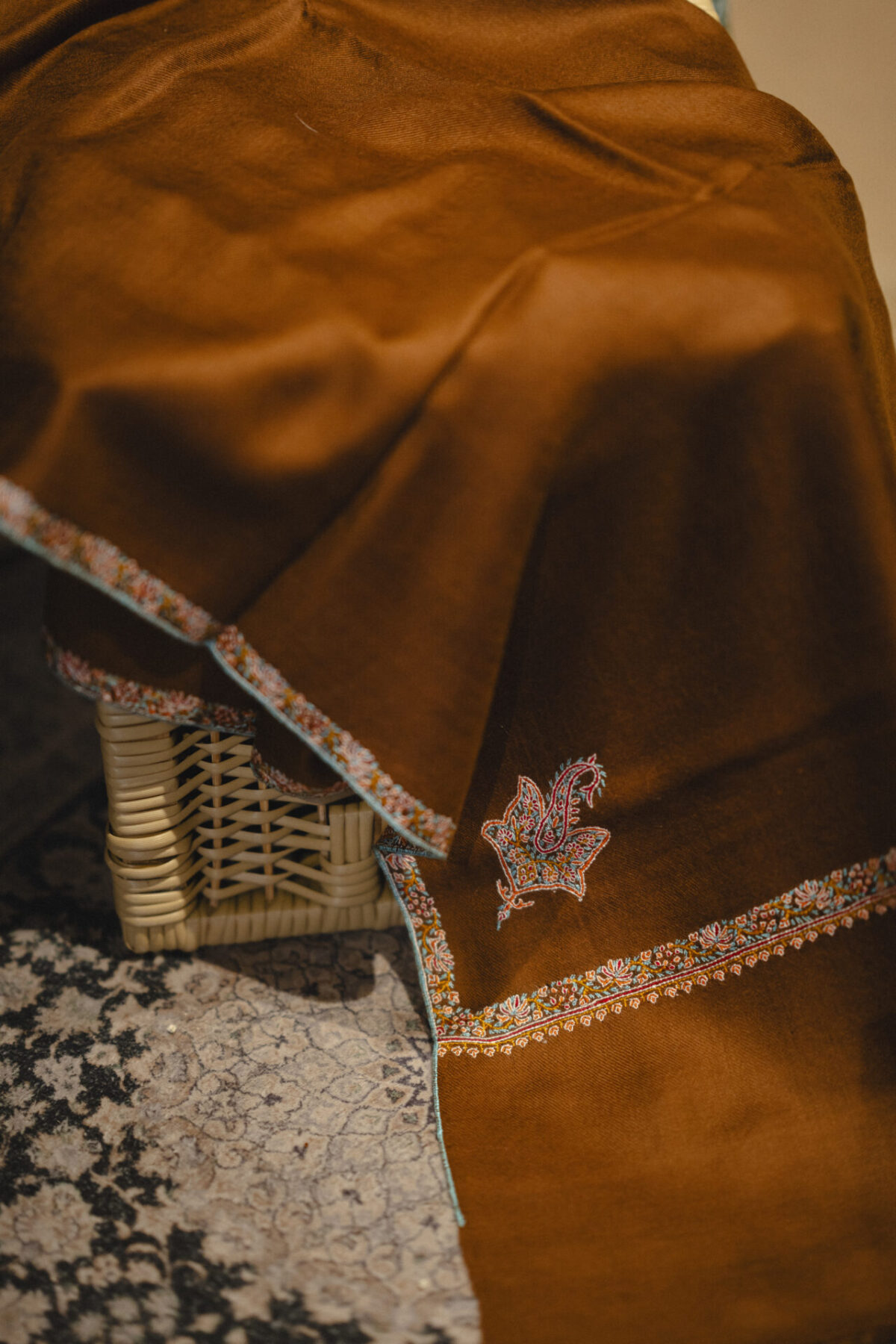 Kashmiri Shawl with border Embroidery in stunning brown hue