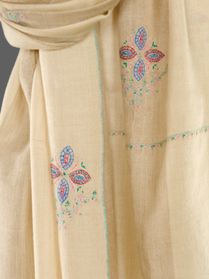 Pure Pashmina Stole in natural white with all-over hand embroidery floral motifs by PashmCraft