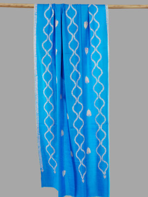 Pure Pashmina in Blue with all-over vine hand embroidery motifs by PashmCraft