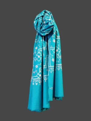 Turquoise Pure Pashmina Shawl with Vine Motifs all-over hand embroidery by PashmCraft