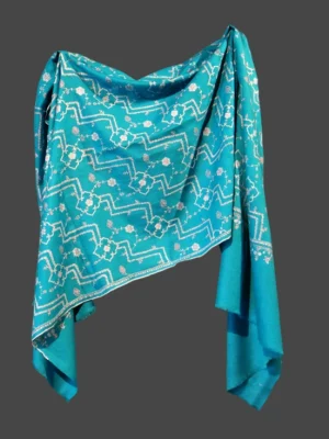 Turquoise Pure Pashmina Shawl with Vine Motifs all-over hand embroidery by PashmCraft